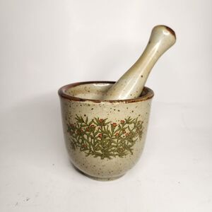 Vintage Takahashi Mortar & Pestle Salt Glaze Stoneware Pottery Red Heart Flowers